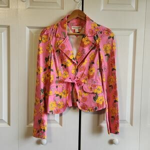 Vintage Women's Tommy Jeans Pink Yellow Floral Tie Front Blazer Jacket Y2K SM